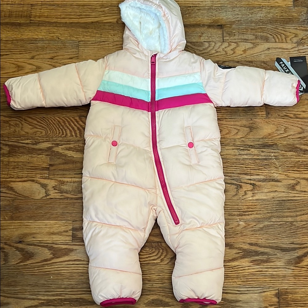 Pink and White Baby Snowsuit with Hood